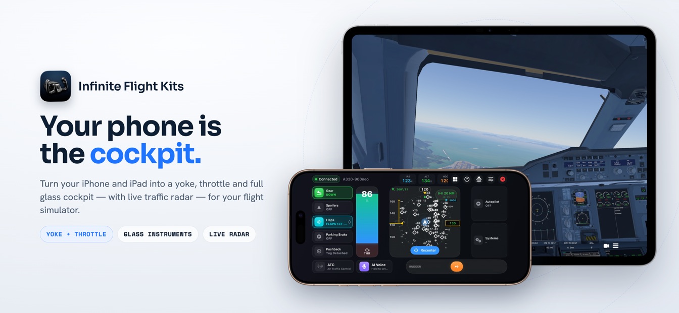 SkyYoke turns an iPhone into a yoke, throttle and glass cockpit with live traffic radar for Infinite Flight