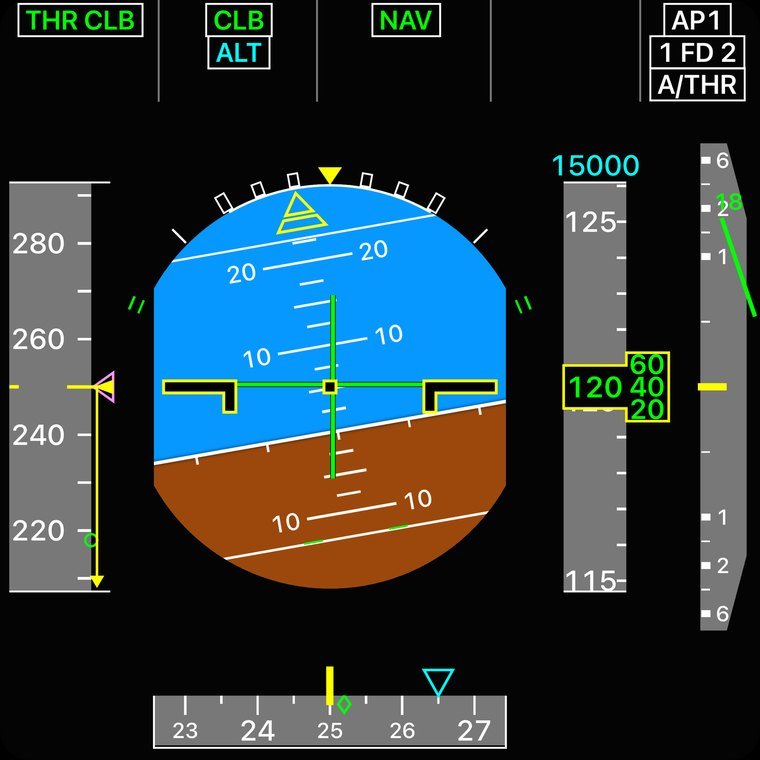 SkyYoke A320 primary flight display with speed and altitude tapes