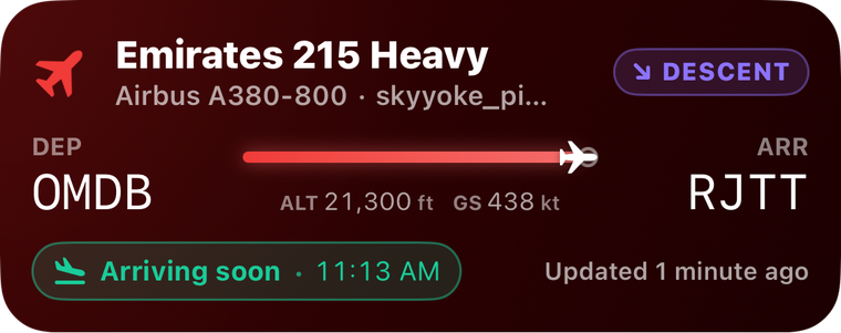 Lock Screen: Emirates 215 Heavy descending into RJTT, arriving soon at 11:13 AM
