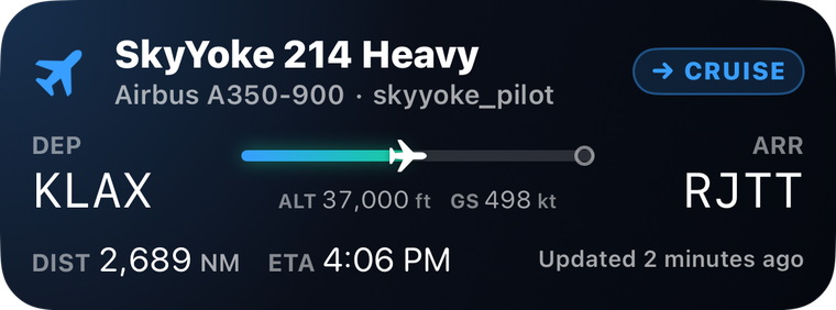 Lock Screen: SkyYoke 214 Heavy, Airbus A350-900, KLAX to RJTT, cruise at 37,000 ft