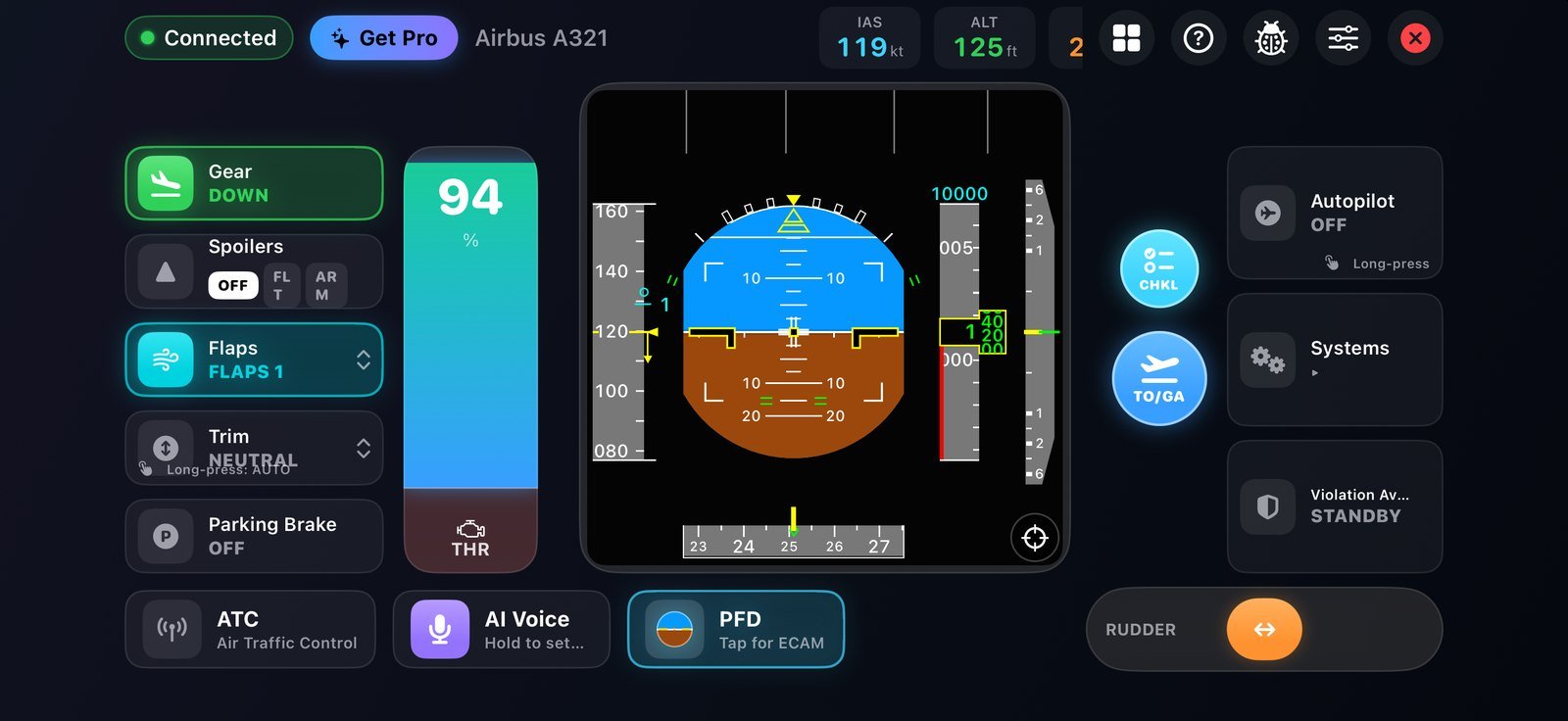 SkyYoke cockpit with the A320 primary flight display
