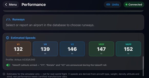 Performance screen with estimated V1 132, VR 139, V2 146, VREF 147 and VAPP 152 knots