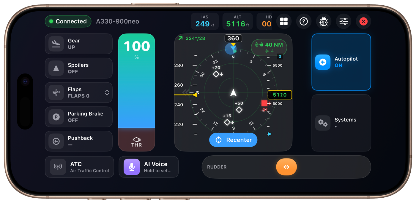 Infinite Flight Kits running on an iPhone, connected to an A330-900neo — throttle at 100%, traffic radar scope, autopilot engaged, and rudder control