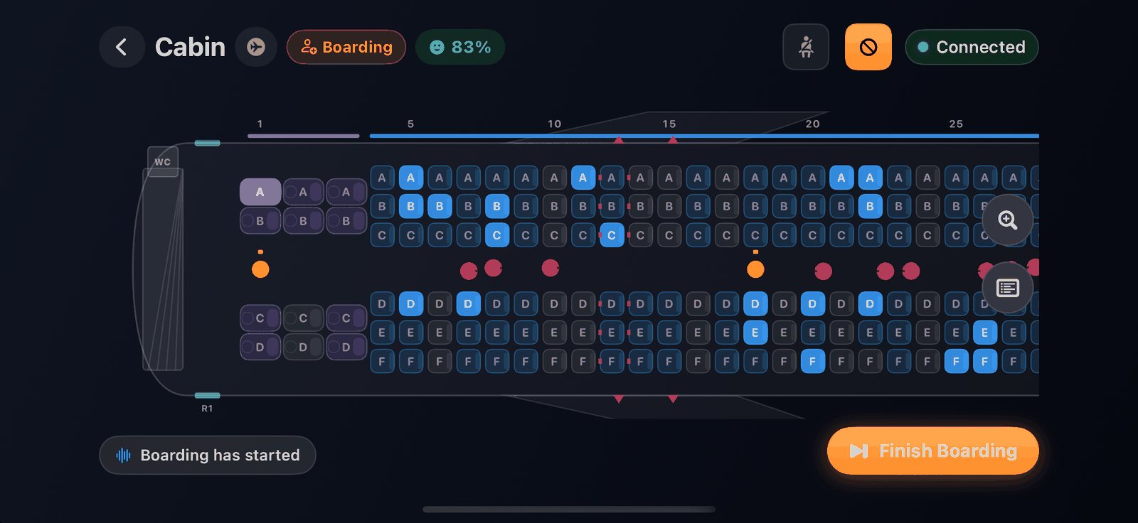 The Cabin seat map during boarding