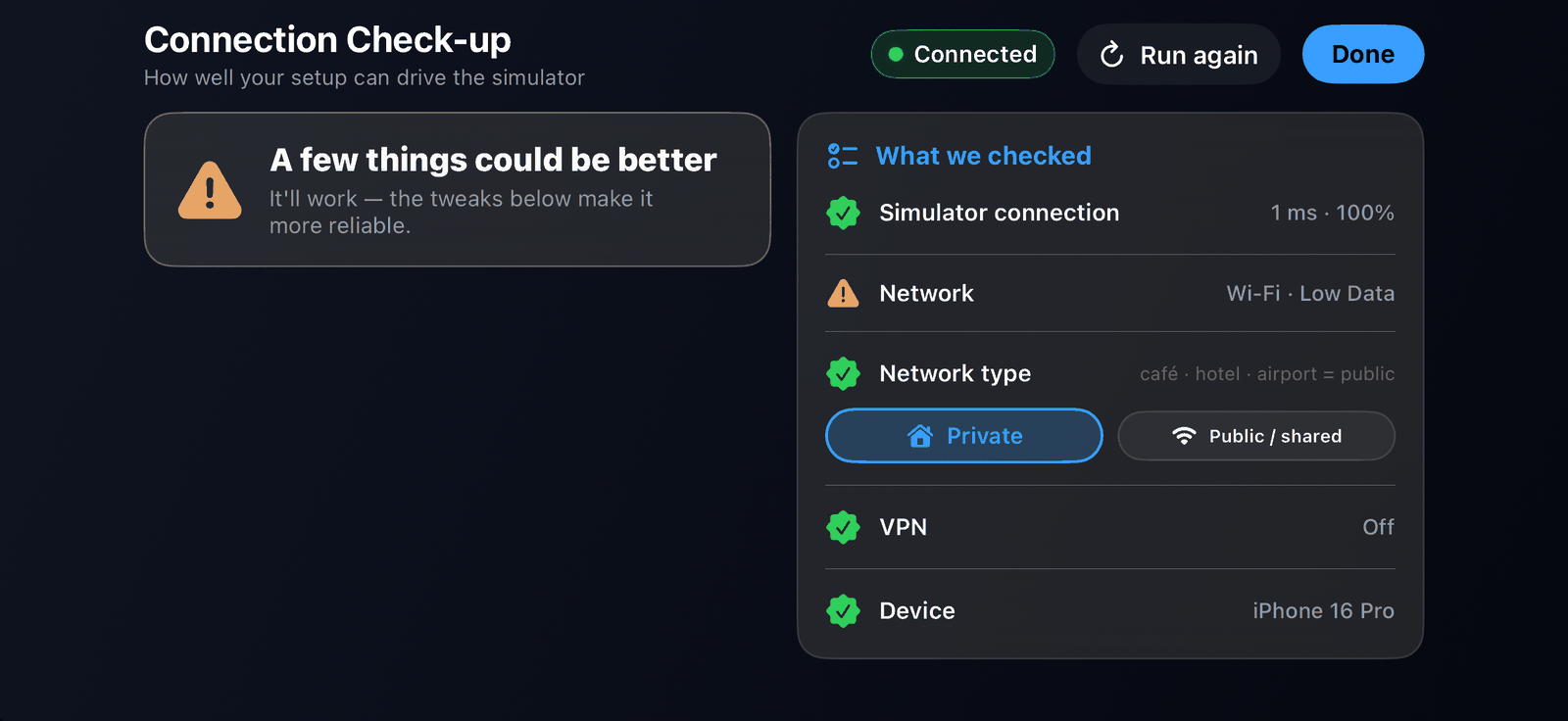 The connection check-up result with suggested fixes