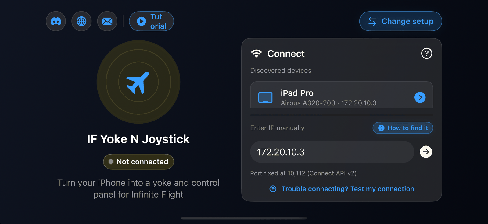 The Connect panel: discovered devices, manual IP and the connection test