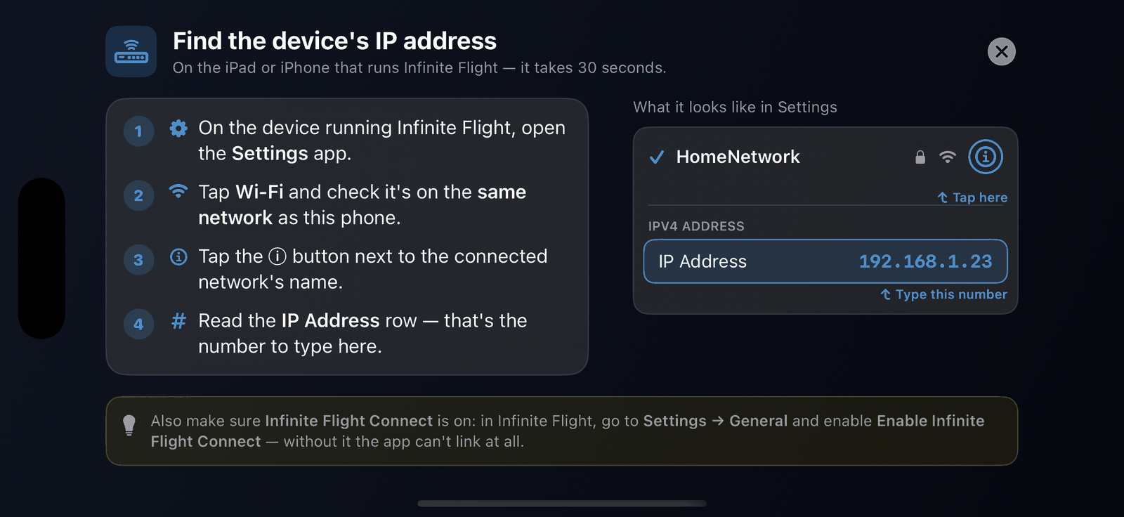SkyYoke's built-in help showing where the IP address is