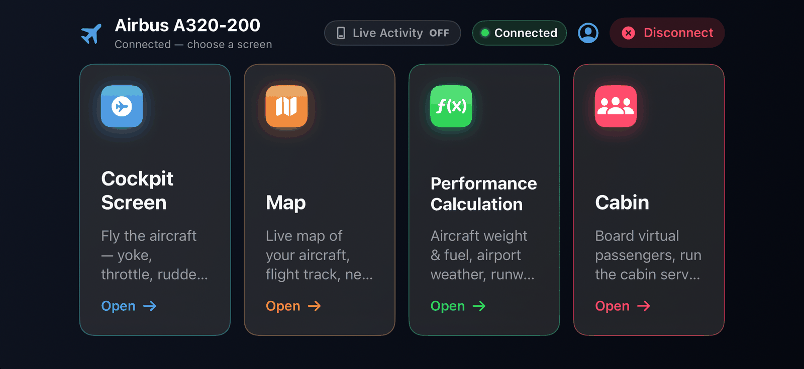 The Flight Menu after connecting