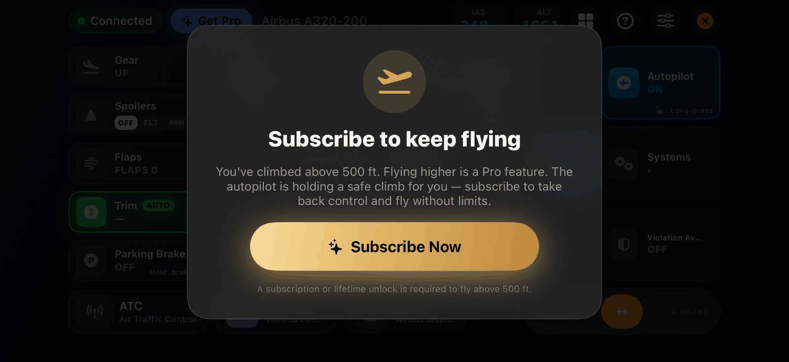 500 ft 위에서 60초가 지나면 무료 사용자에게 표시되는 화면