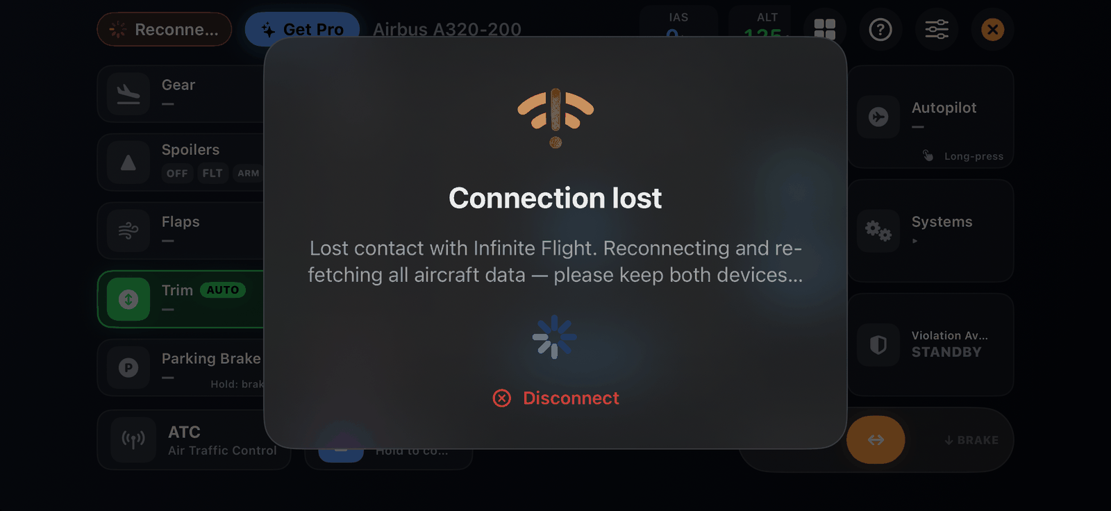 The Connection lost screen while SkyYoke reconnects