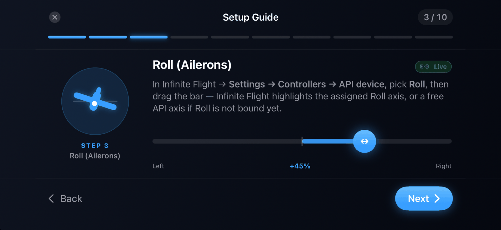 Setup Guide step 3: drag the bar while Infinite Flight's API device settings are open