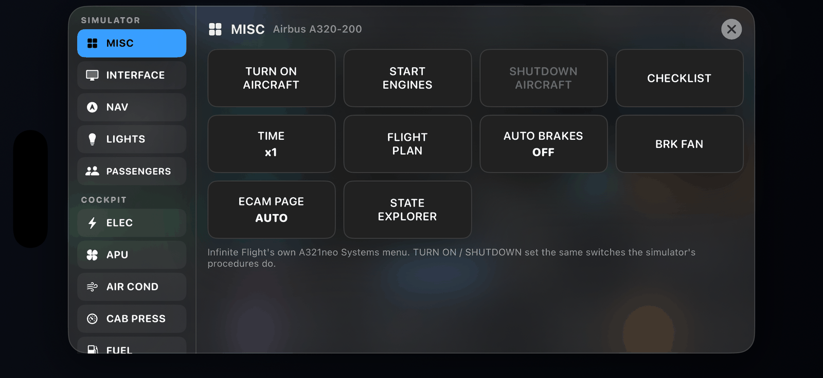 The systems panel
