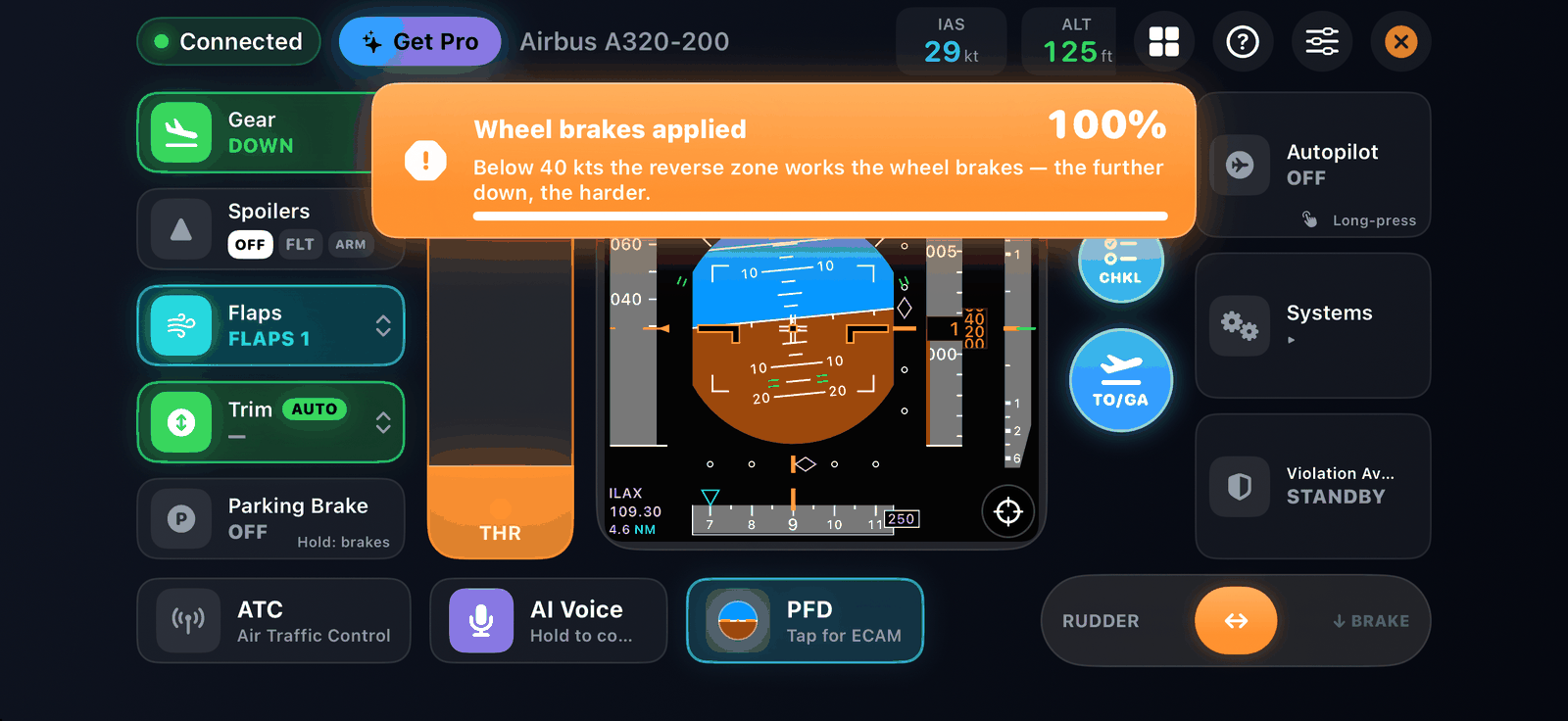 Braking mode below 40 kt