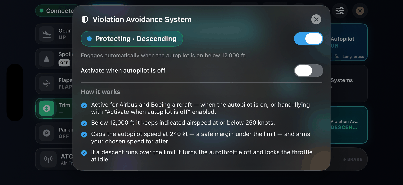 The Violation Avoidance panel